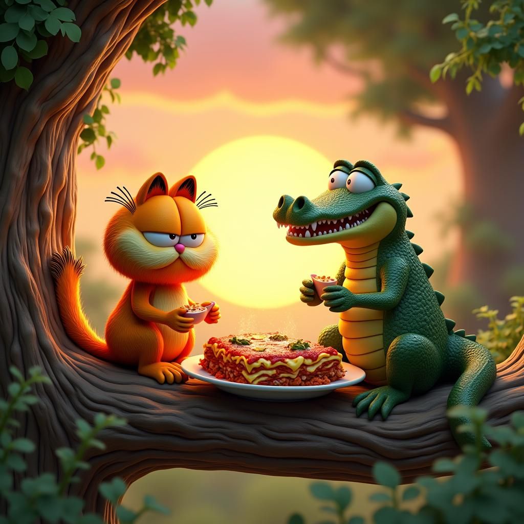 Garfield and Alligator Share Lasagna, Pixar-Style 3D Art