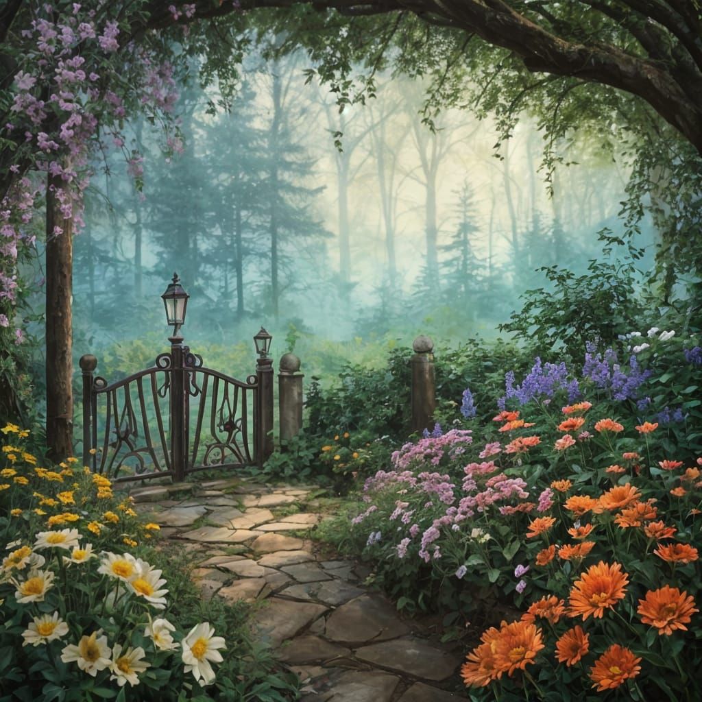 Rainbow Garden Gate Linocut in Naive Art Style