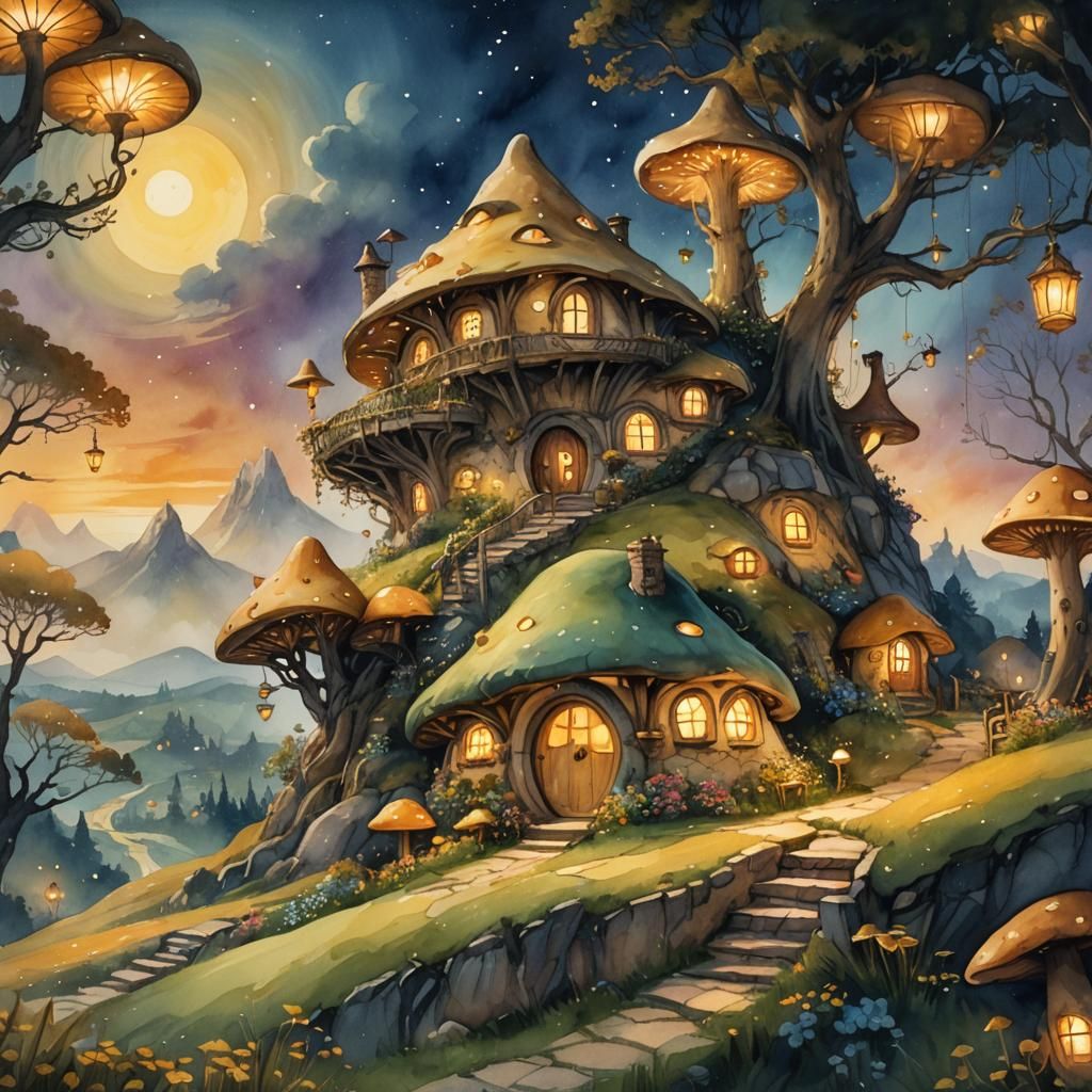 Mushroom Hobbit House on Hill at Night