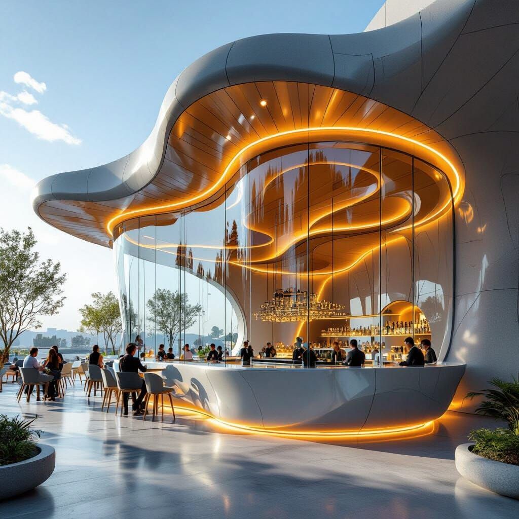 Futuristic Restaurant with Waved Plastic Exterior in Sleek S...