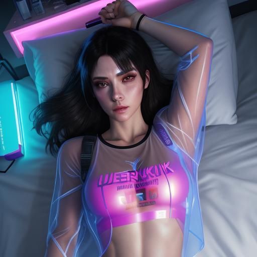 Cyberpunk Girl Sleeping in Neon Cityscape
