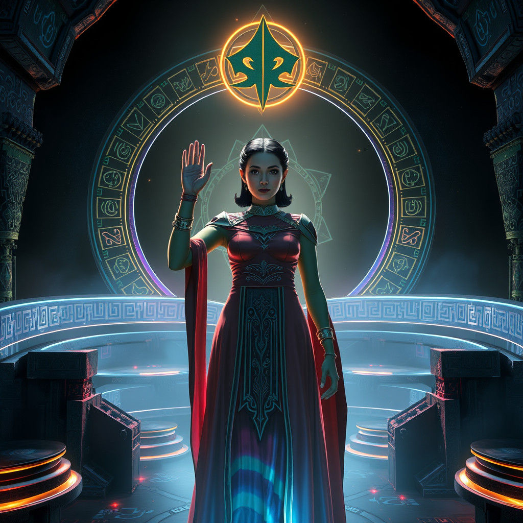 Mystical Vulcan Priestess in Ethereal Temple