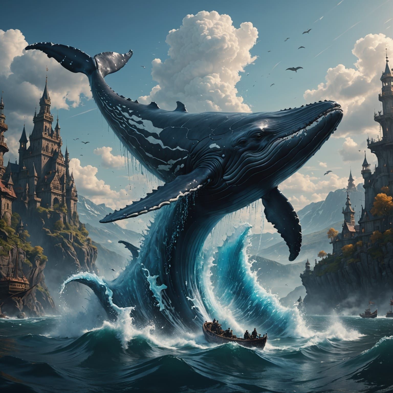 Whale Surfaces from Enchanted Ocean Depths in Vibrant Fantas...