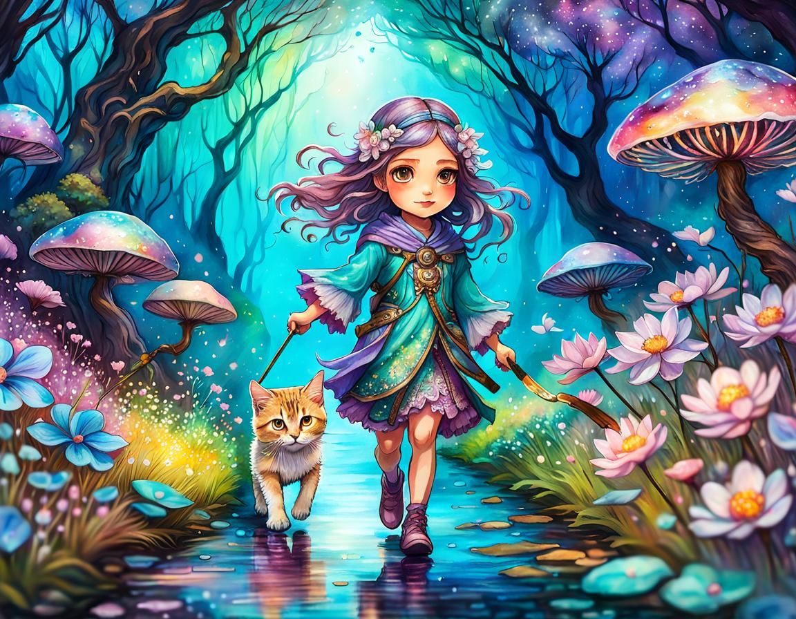 Fairy girl and her cat