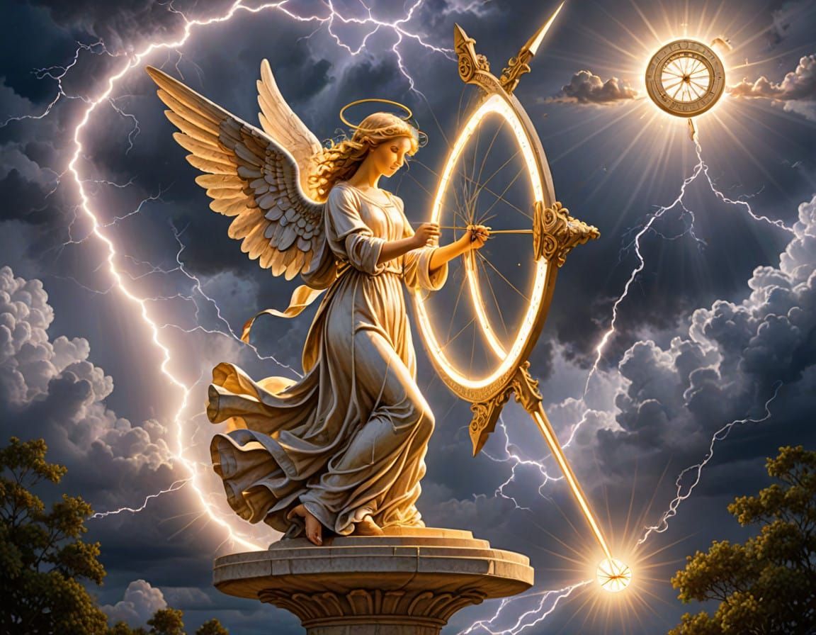 Ethereal Sundial Angel Caught in Celestial Lightning Storm