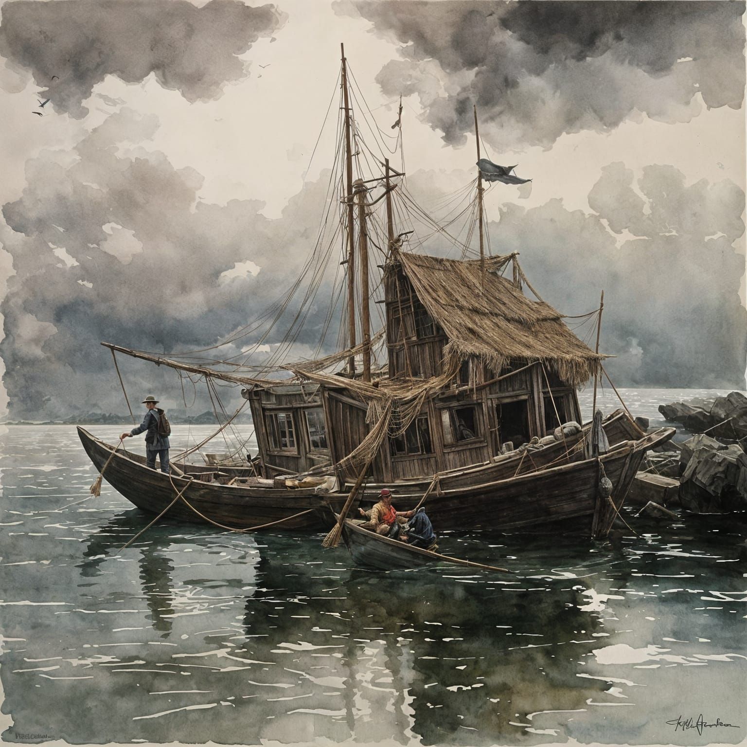 Fisherman on Raft in Stormy Sea Gouache Painting