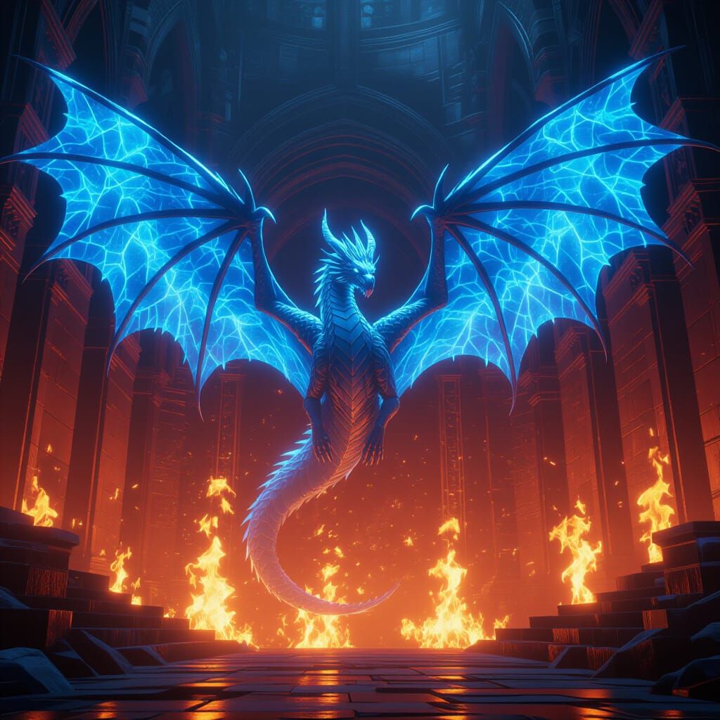 Colossal Ice Dragon Soaring Through Hell's Flames