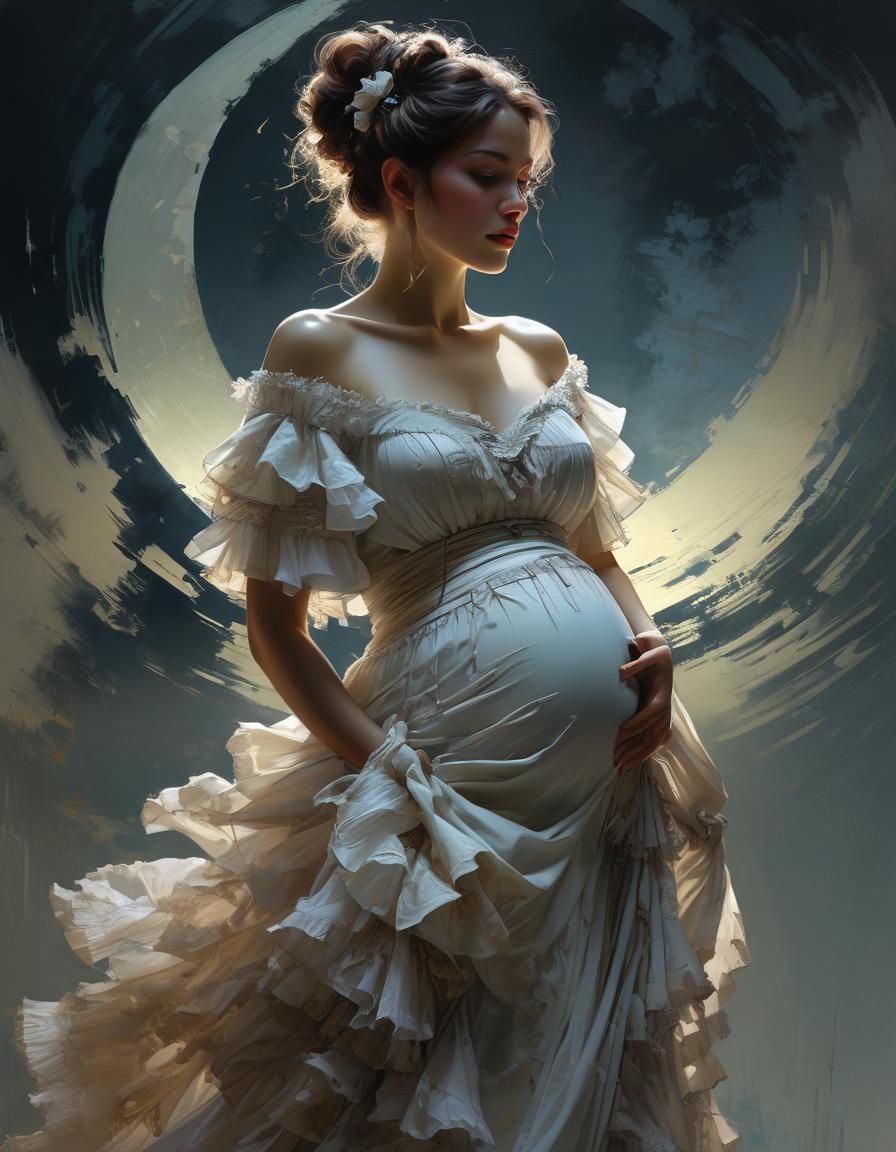 Victorian Silhouette of Pregnant Woman in Moonlight