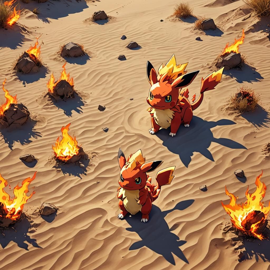 Fiery Pokémon in Desert, Vibrant Anime Art