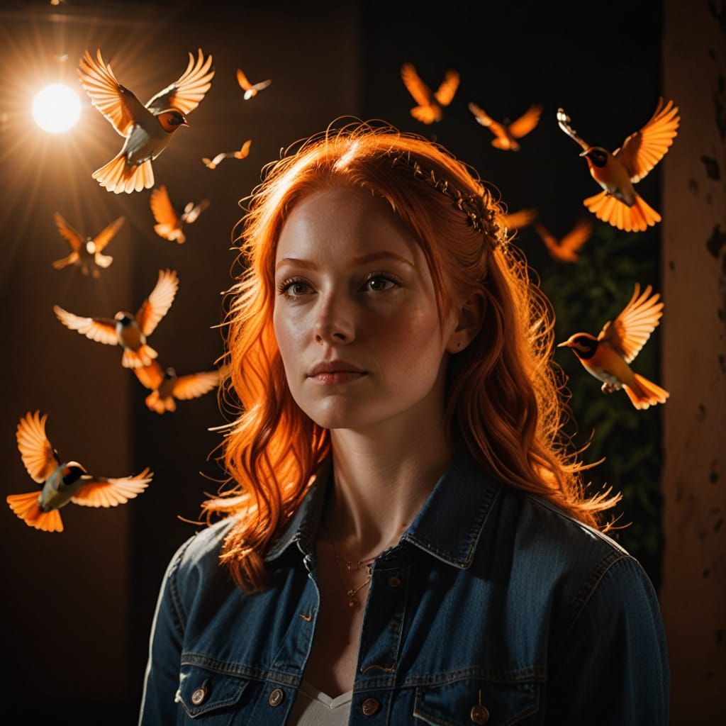 Ginger Goddess Surrounded by Vibrant Orioles in Warm Orange ...