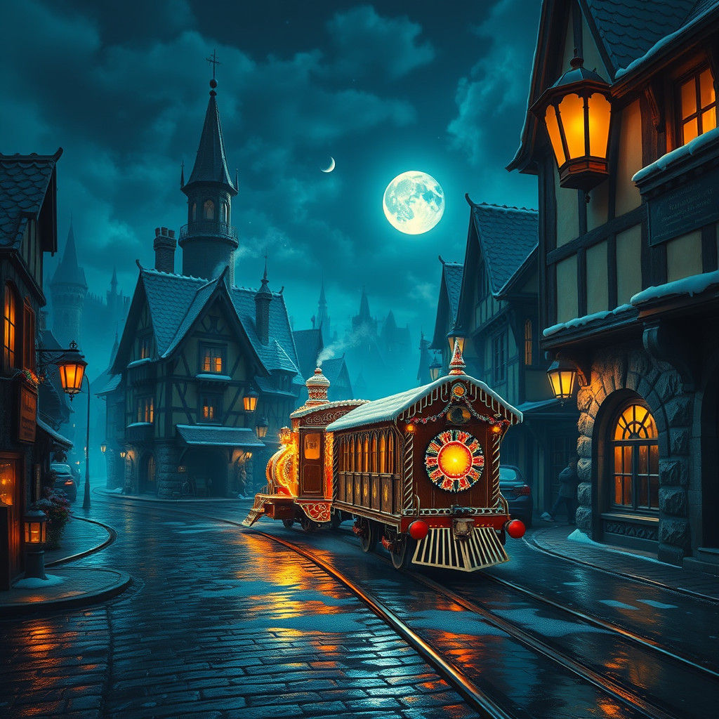 Medieval Town at Night with Gingerbread Train