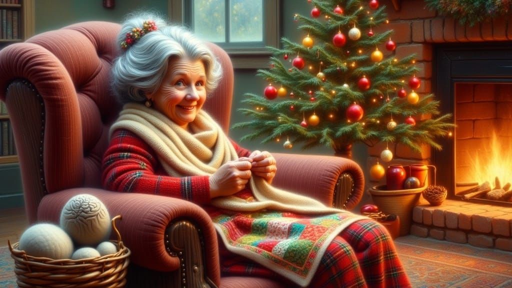 Cozy Christmas Scene with Knitting Grandma