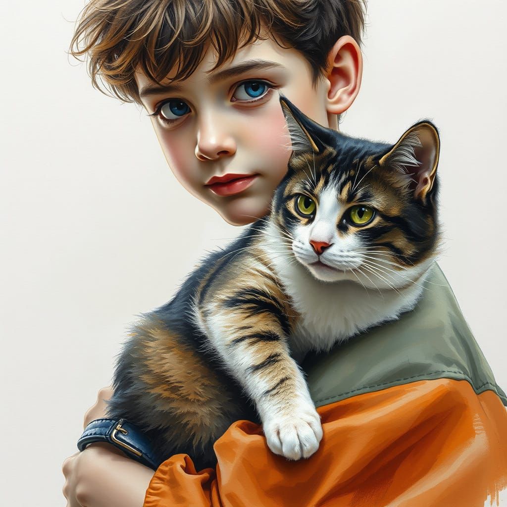 Boy with Cat: Charcoal, Gouache, and Watercolor Impressionis...