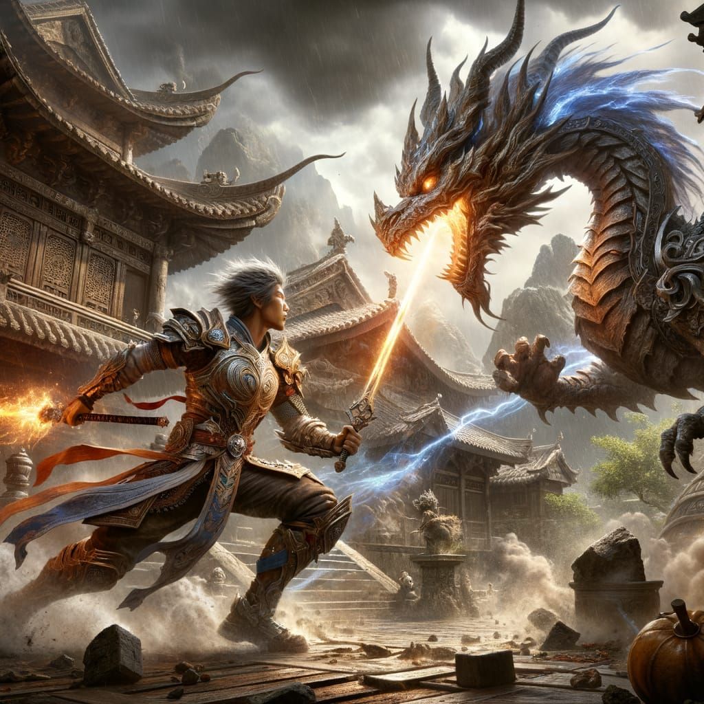 Epic Battle between Dragon-Human Warrior and Radiant Knight