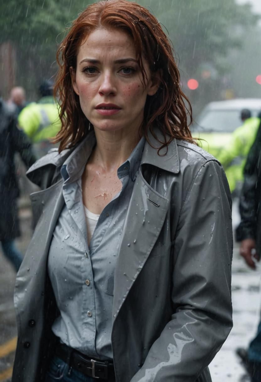 Detective Anne Holowitz at Crime Scene in Rain