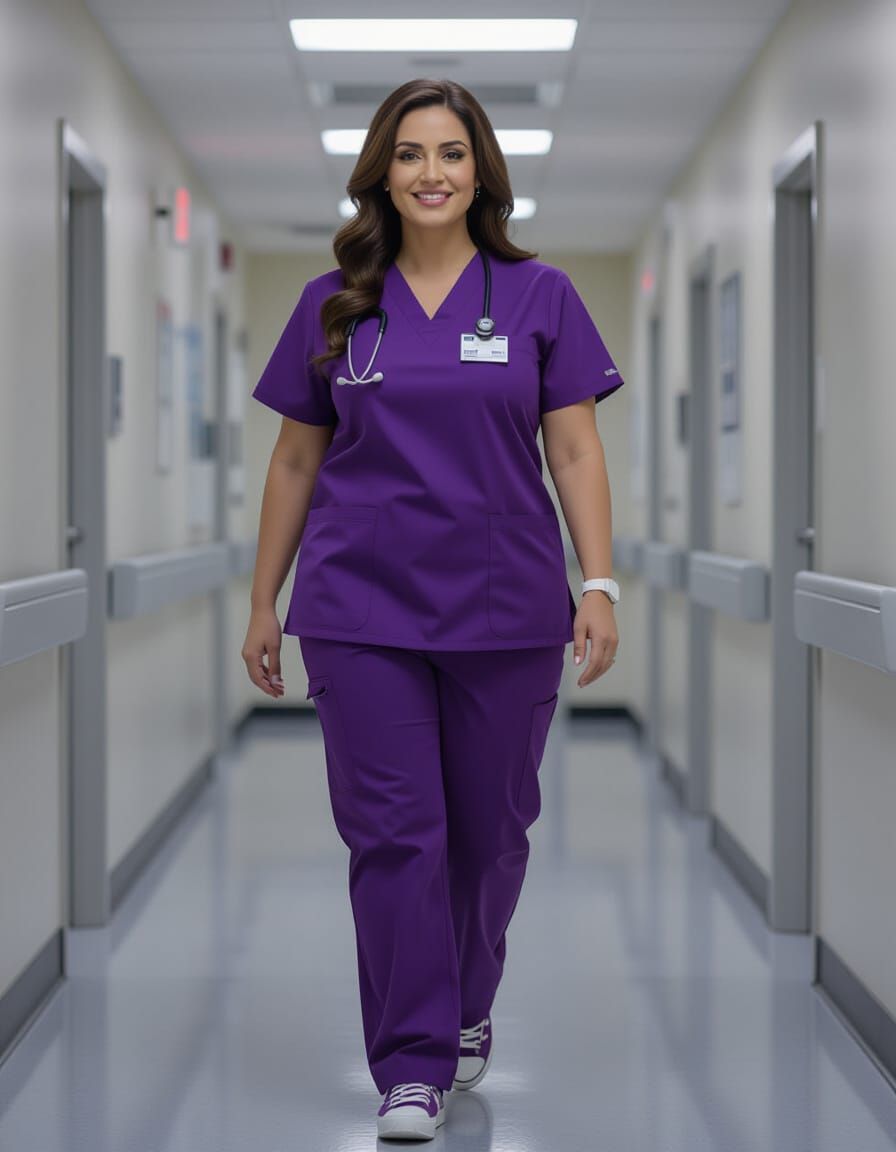 Egyptian Nurse in Purple Uniform Walking Hospital Corridor