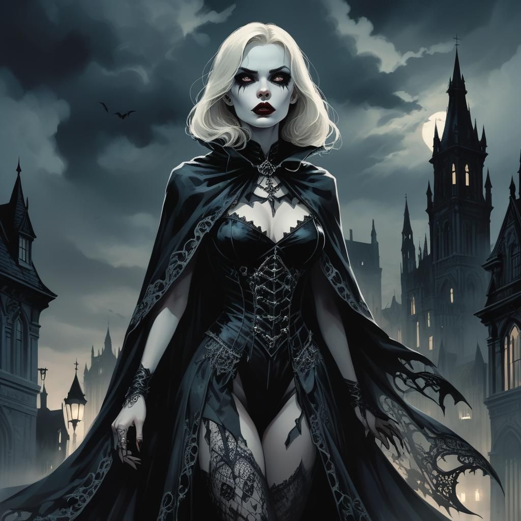 Vampire in Gothic Cityscape as Comic Book Art