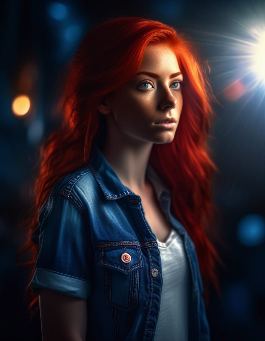 Hyper-Realistic Redhead in Denim with Neon Lighting