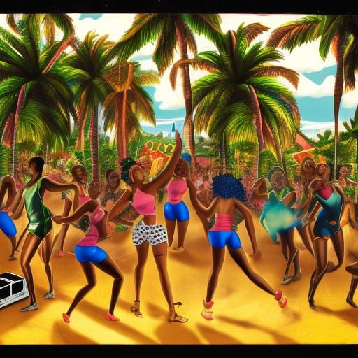 Cartoon Jamaican Dancehall Party in Matte Painting Style