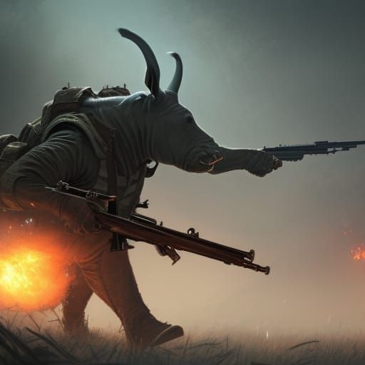 Dark Fantasy Poacher Aiming at Rhinoceros