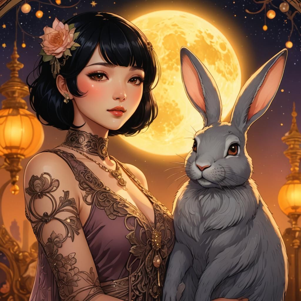 Art Nouveau Anime Woman with Moon Rabbit
