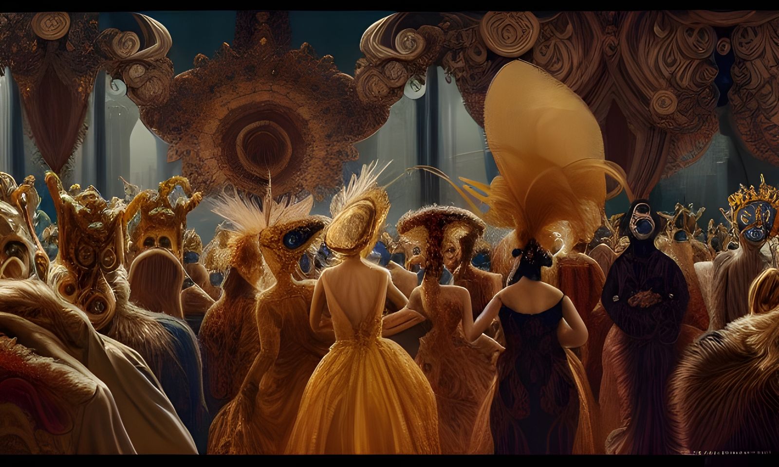 Elaborate Masquerade Painting in Golden Age Style