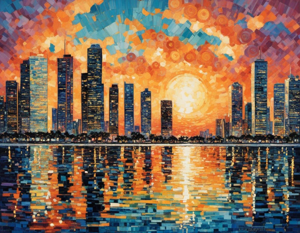 Miami Beach Sunset in Scrapbook Doodle Style