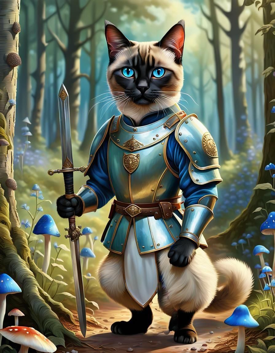 Siamese Cat in Woods Dressed as a Medieval Guard