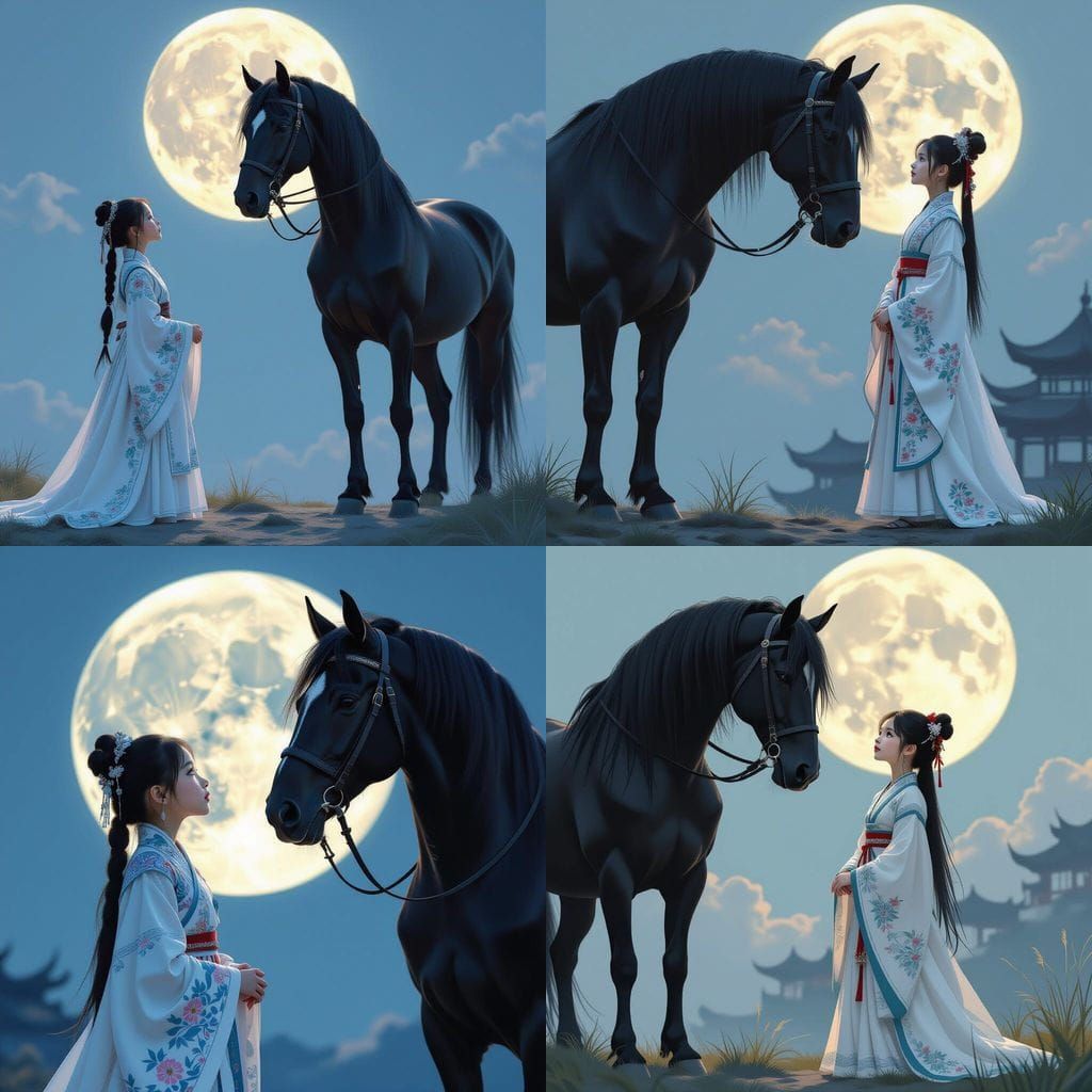 Girl in Hanfu Gazing at Stallion in Moonlight