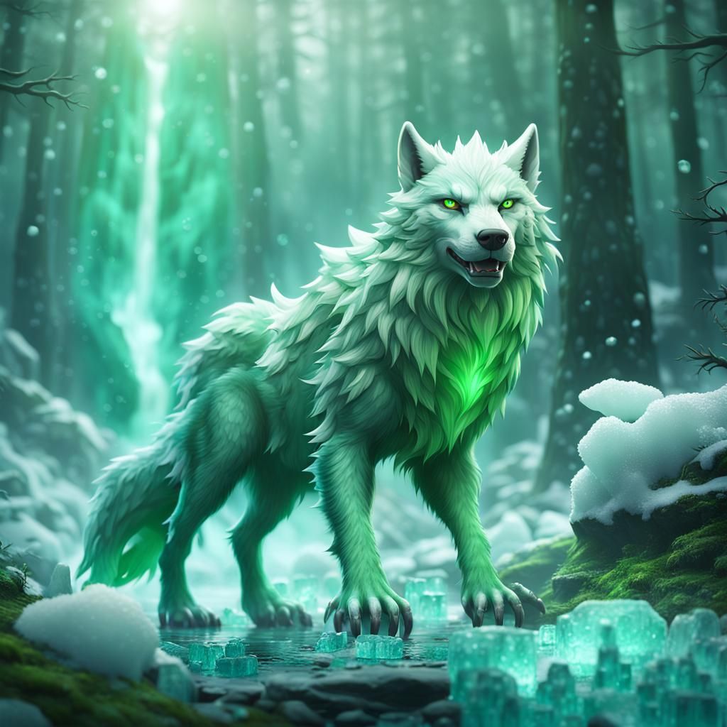 Mythical Green Wolf Creature in Fantasy Art Style