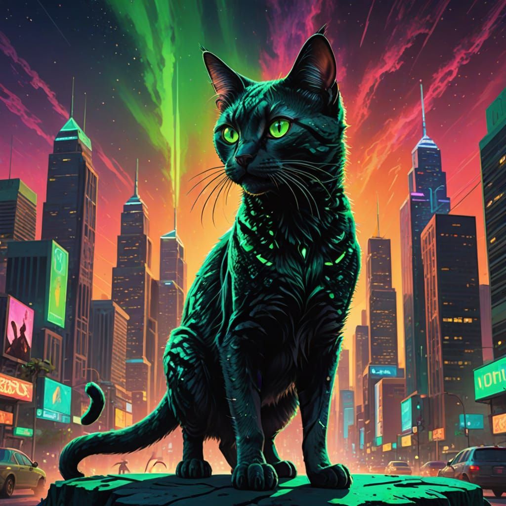 Alien Cat Explores Neon Los Angeles in Sci-Fi Art