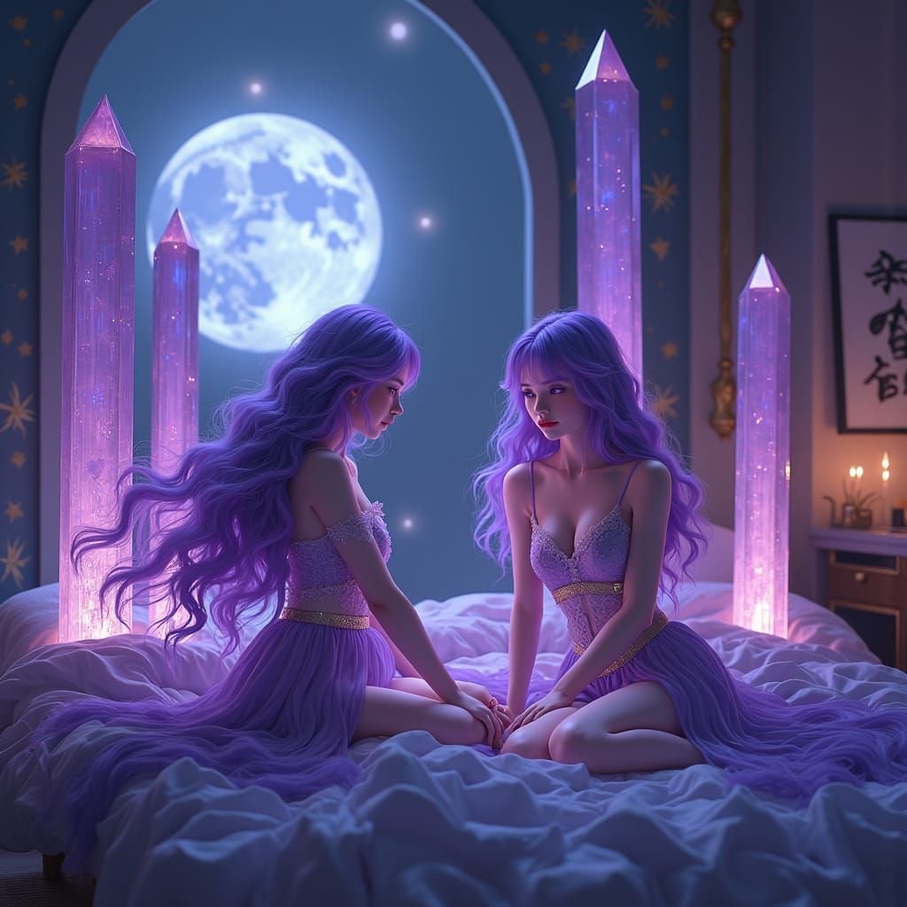 Mystical Bedroom with Violet Gemstones and Elegant Girls