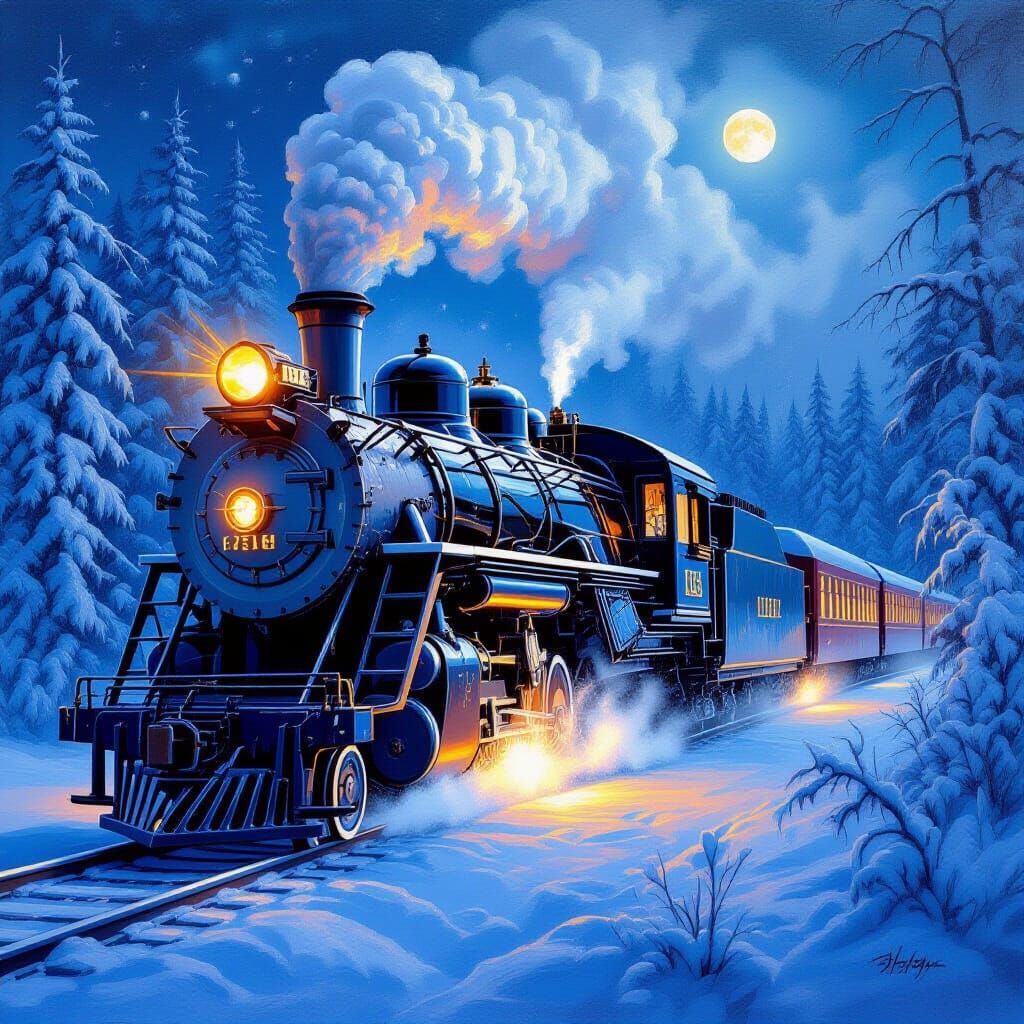 Snow Train's Golden Glow in Icy Landscape