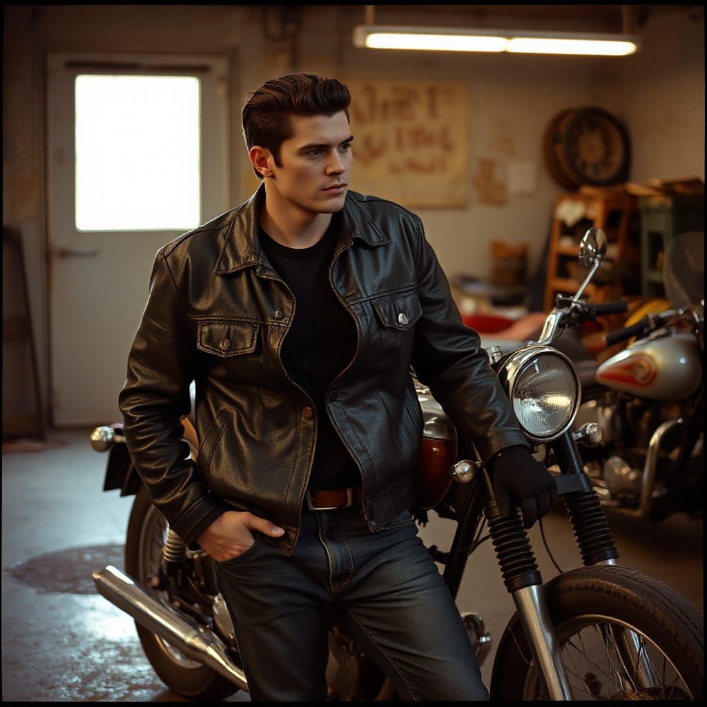 Greaser Leans on Motorcycle in Gritty Film Style