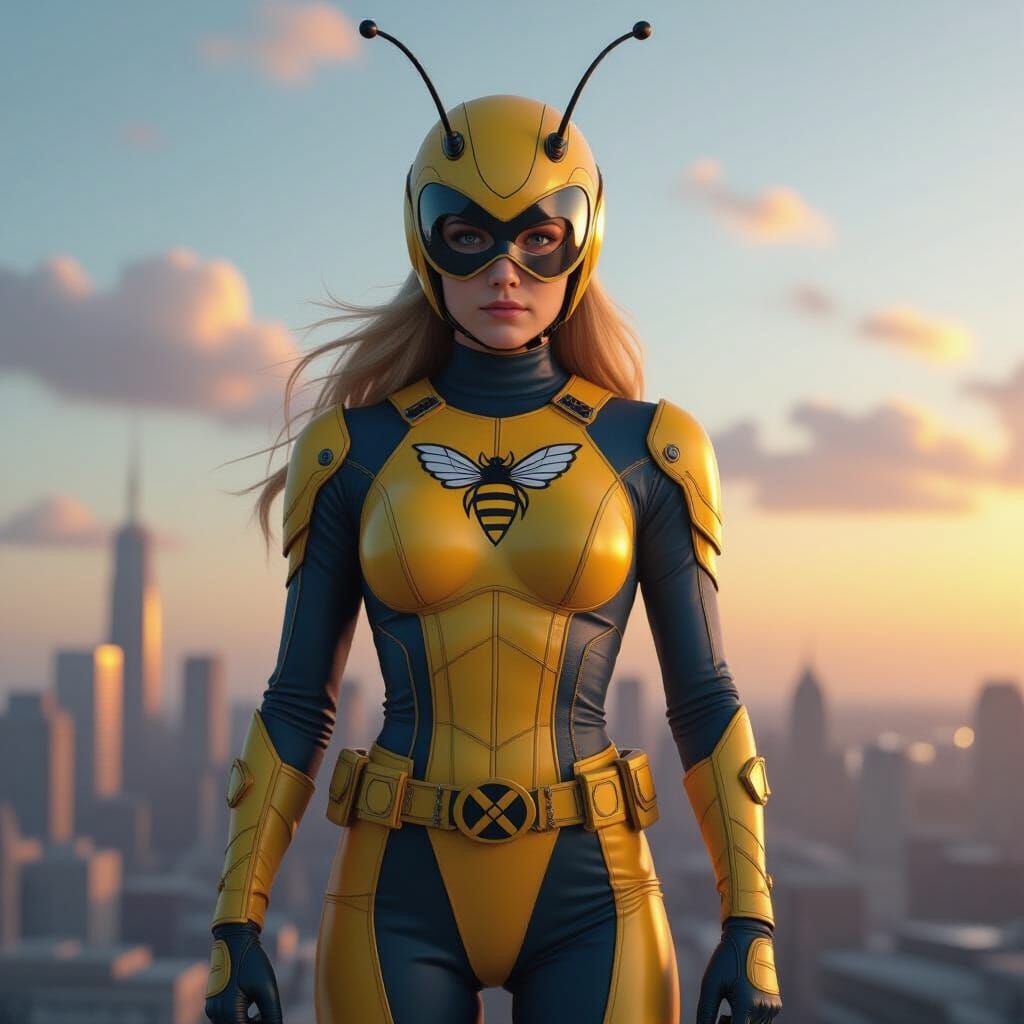 LadyBee Superheroine in Futuristic Bee Costume at Sunset
