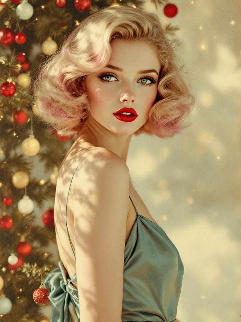 Vintage Pin-Up in Metallic Dress as 1920s Christmas Card