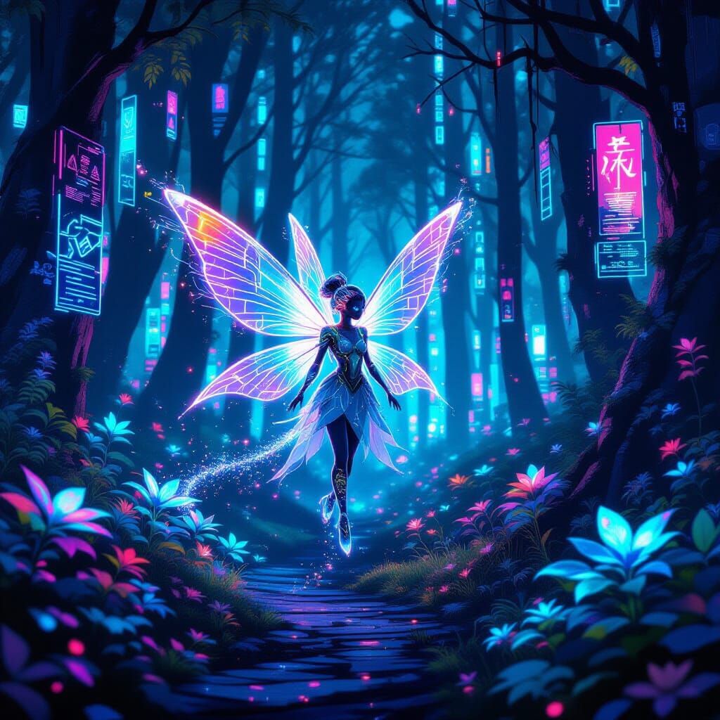Cyberpunk Fairy in Neon Forest