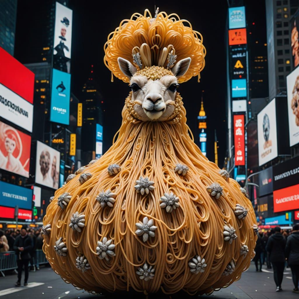 Garlic Bulb in Spaghetti Gown on Alpaca in Times Square