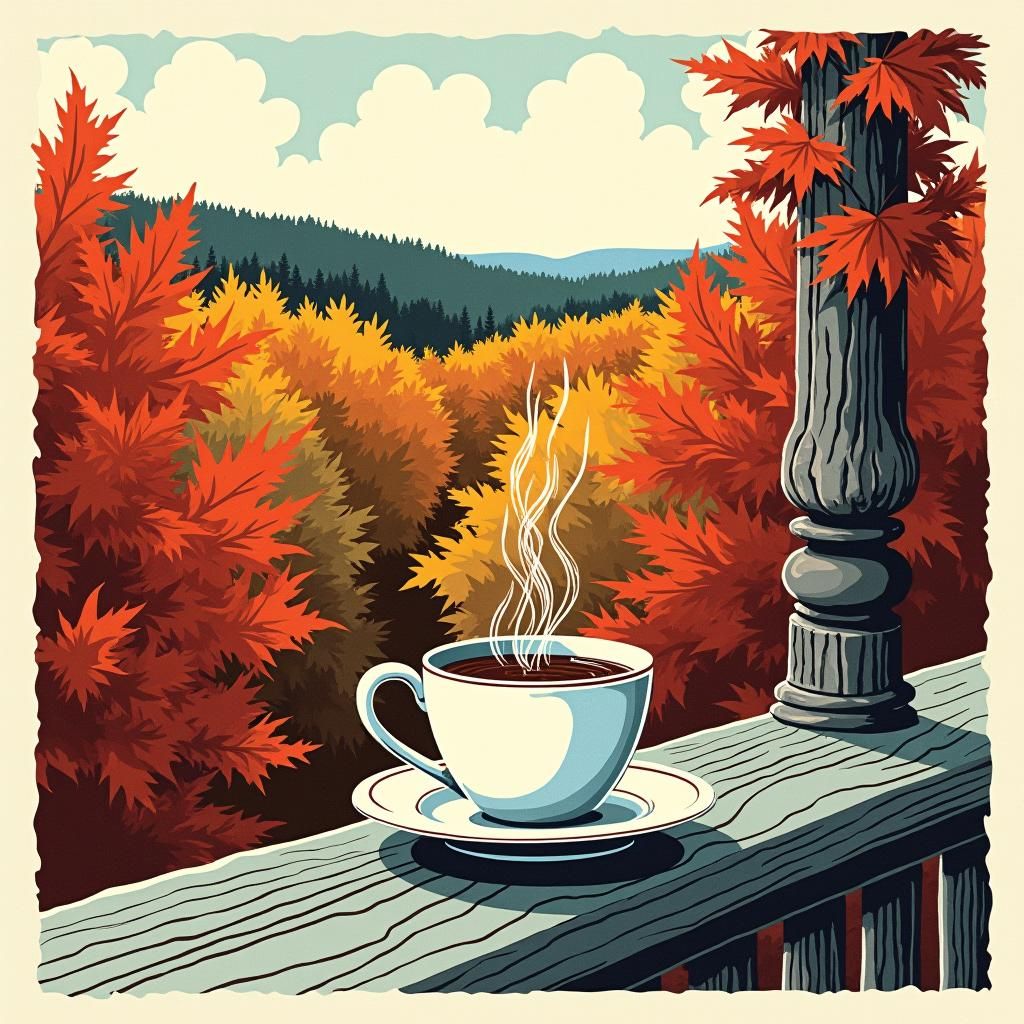 steaming cup of coffee sitting on a porch railing. Backgroun...