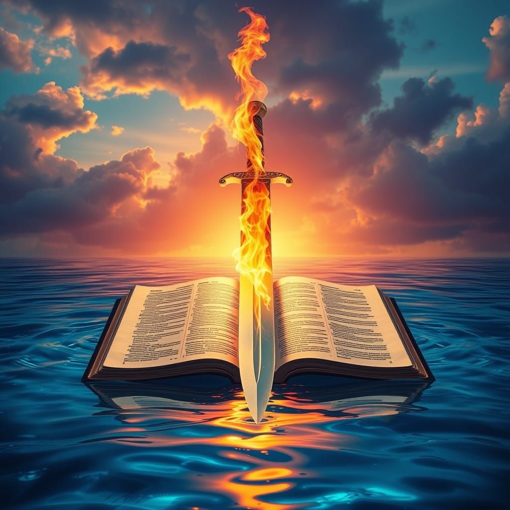 Flaming Sword on Ancient Bible at Sunrise
