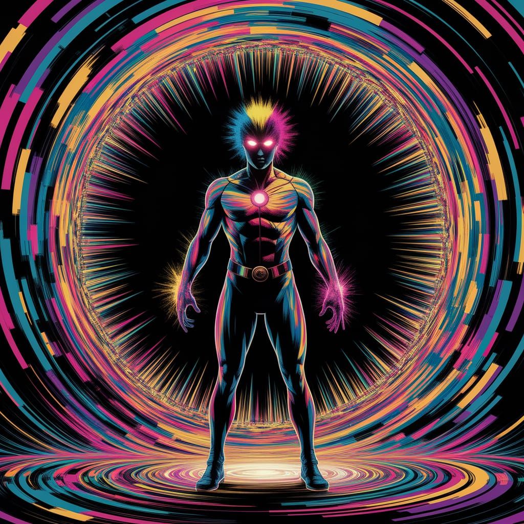 Chromatic Supervillain in Abstract Glitch Art Style