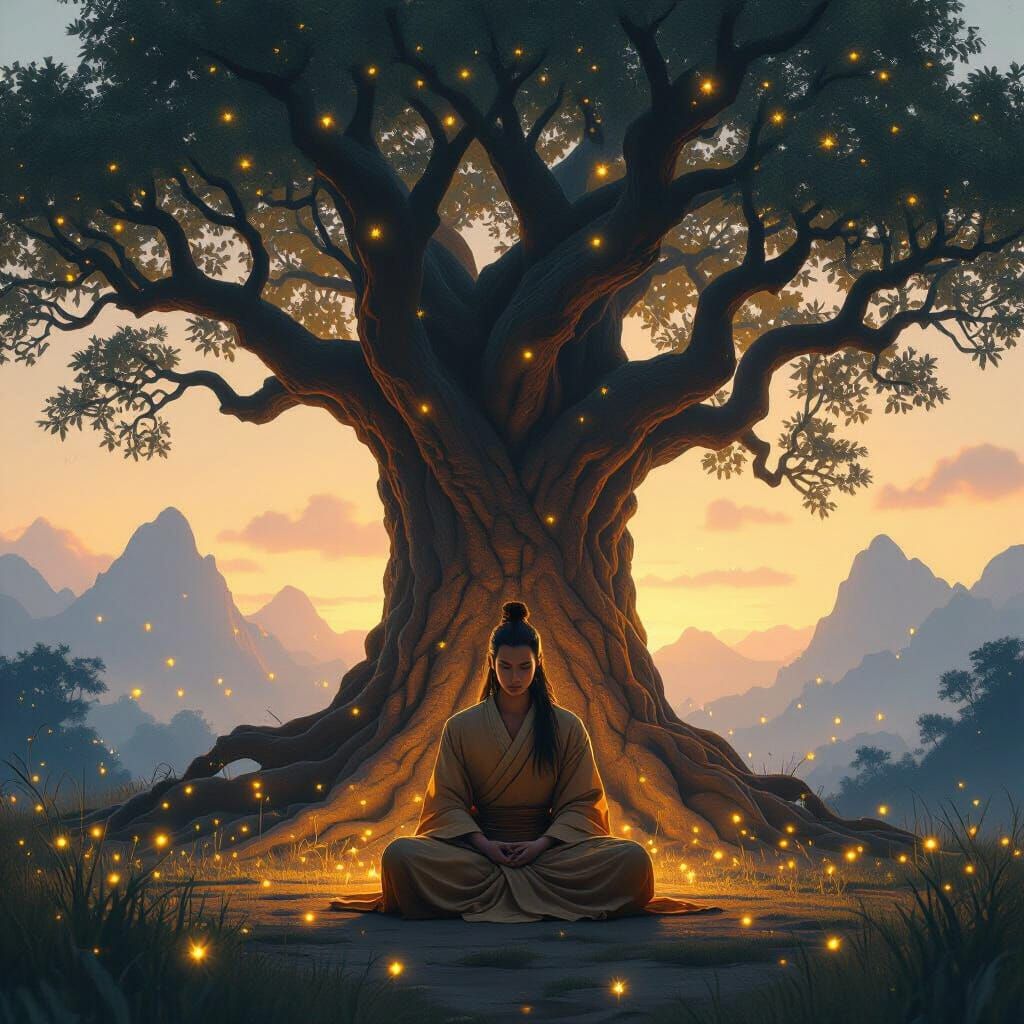 Meditative Figure Under Ancient Tree at Twilight