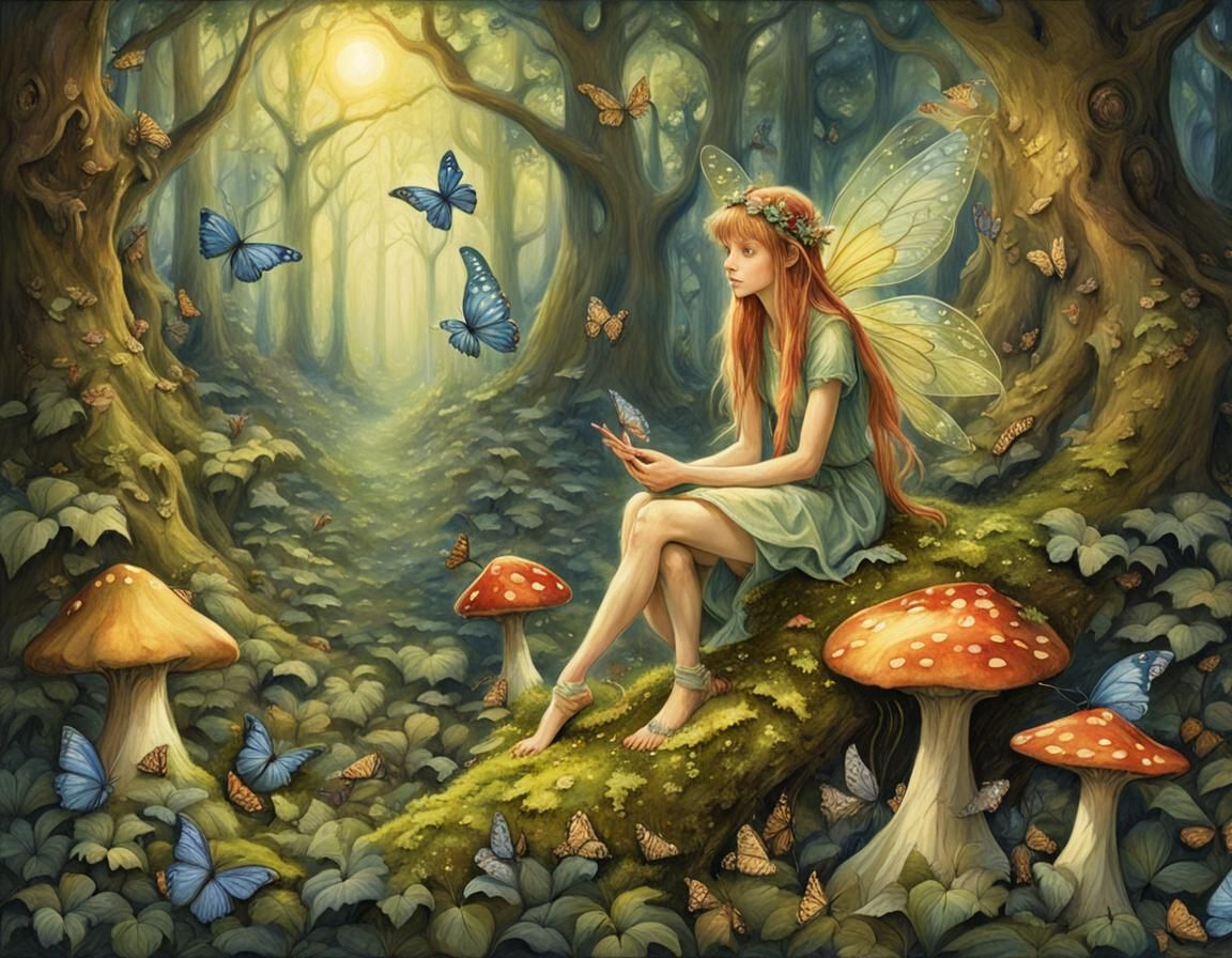 Fairy on Toadstool in Enchanted Forest