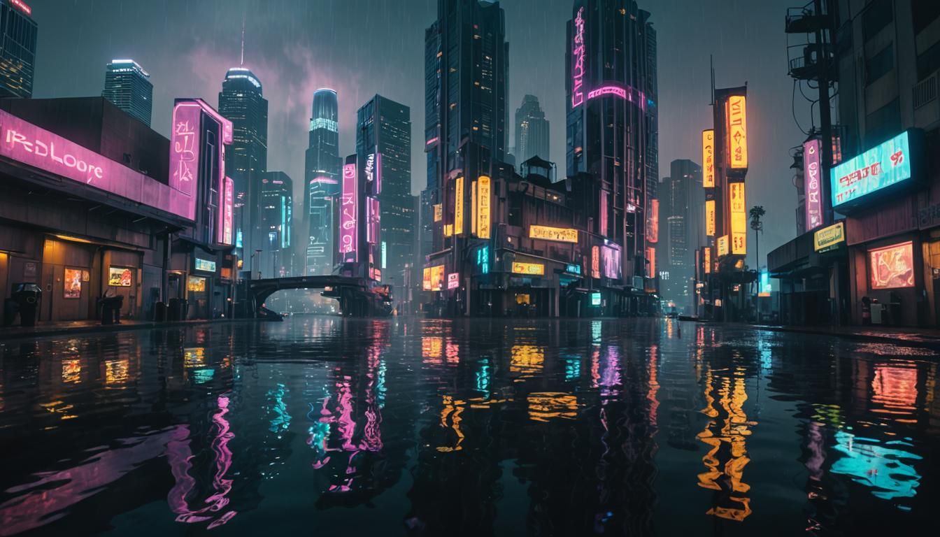 Flooded Cyberpunk Los Angeles Cityscape in Neon