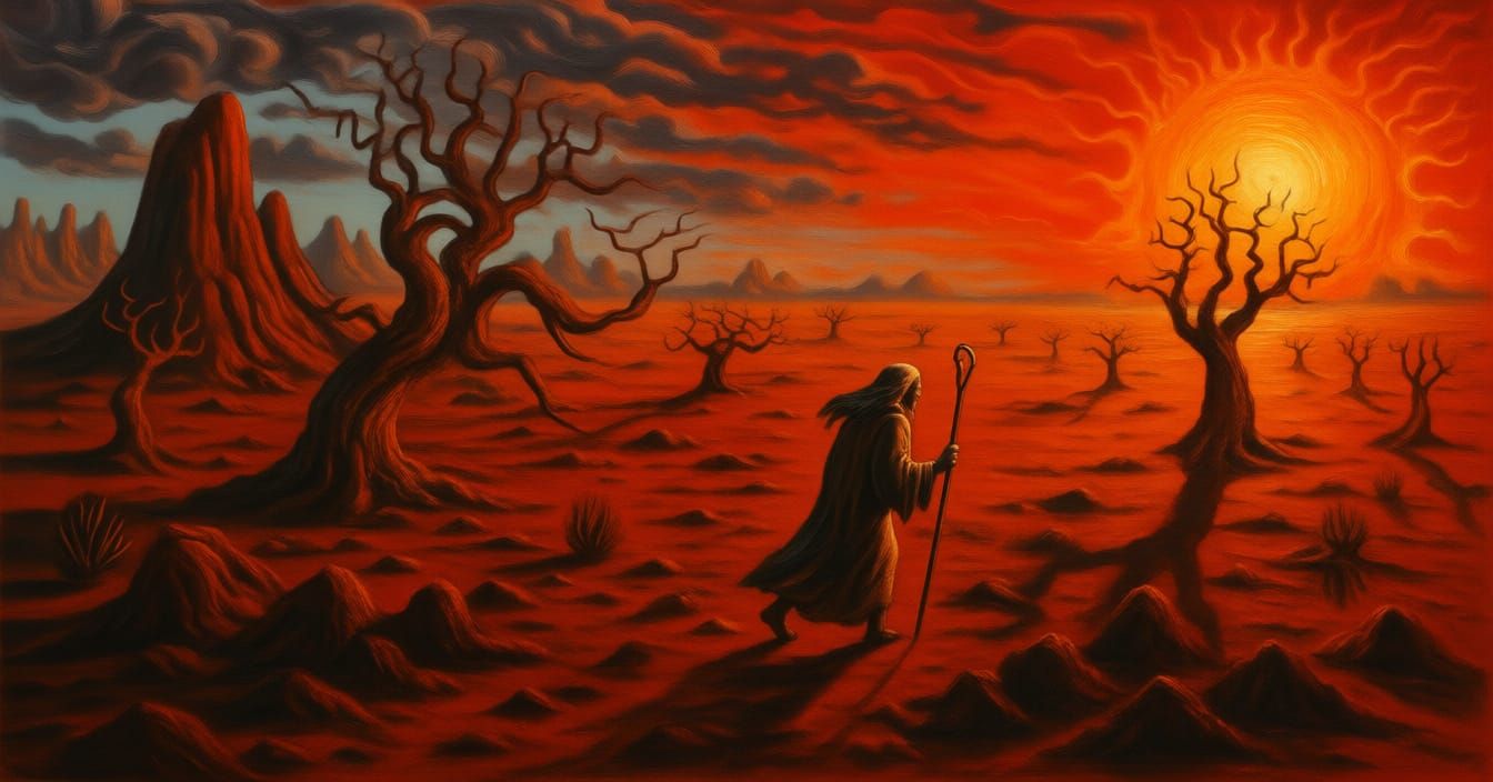 Expressionist Desert Prophet Under Searing Sun