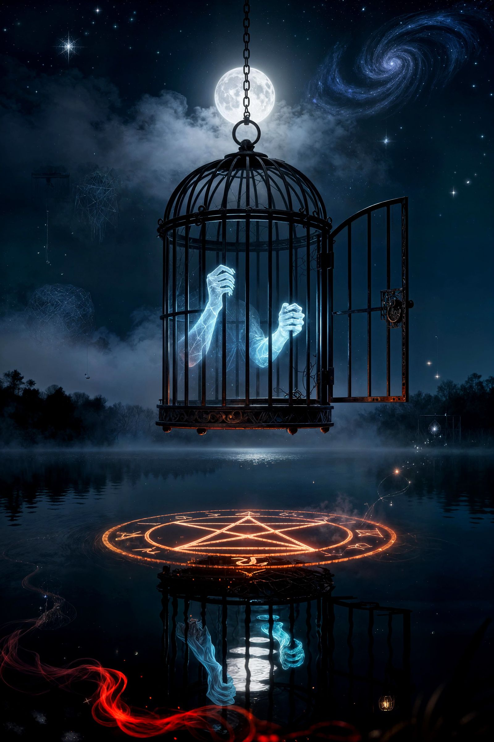 Surreal Night Scene: Floating Cage Over Reflective Lake