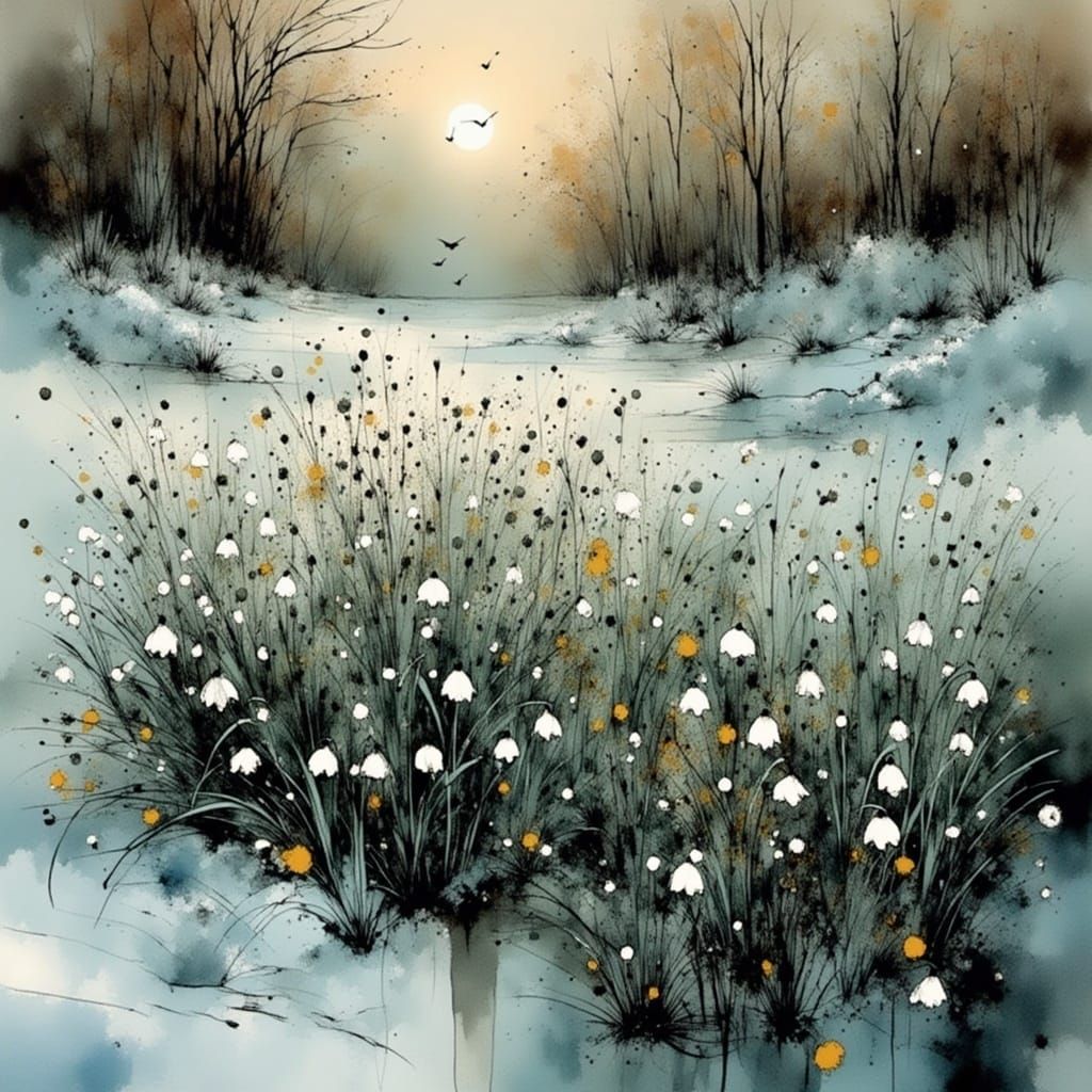 Ethereal Snowdrop Bloom in a Mysterious, Noctilucent World
