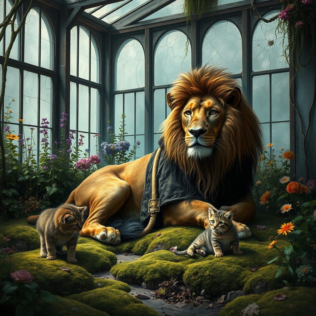 Lion in Overgrown Greenhouse, Mystical Horror Style