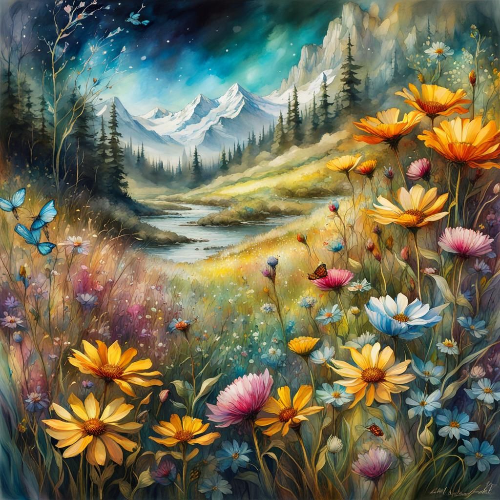 Stained Glass Meadow: Hyperrealistic Digital Watercolor Illu...