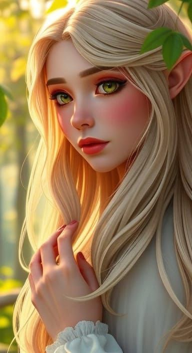 Elven Woman in Magical Forest, Anime Style